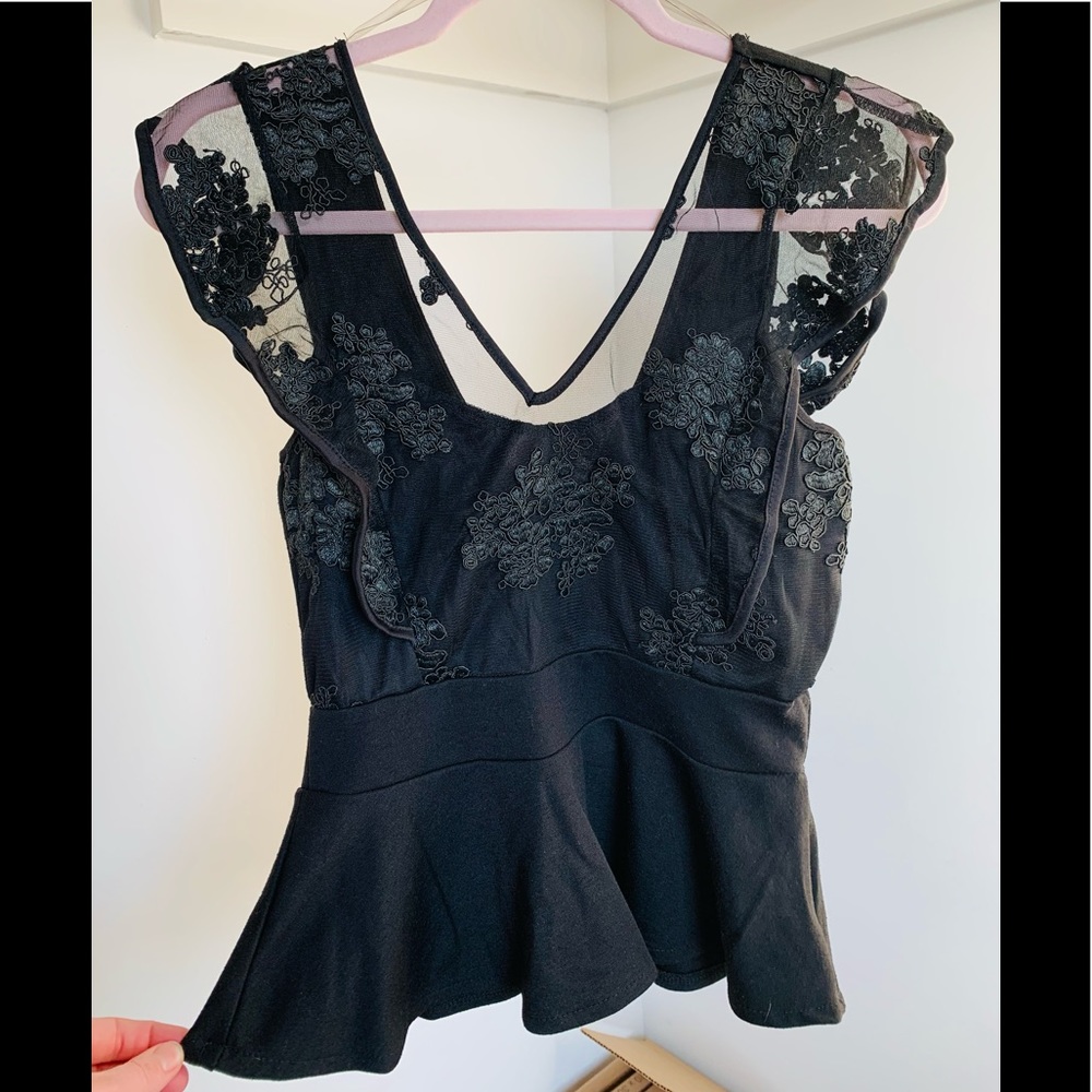 Black Lace V-Neck Peplum Top